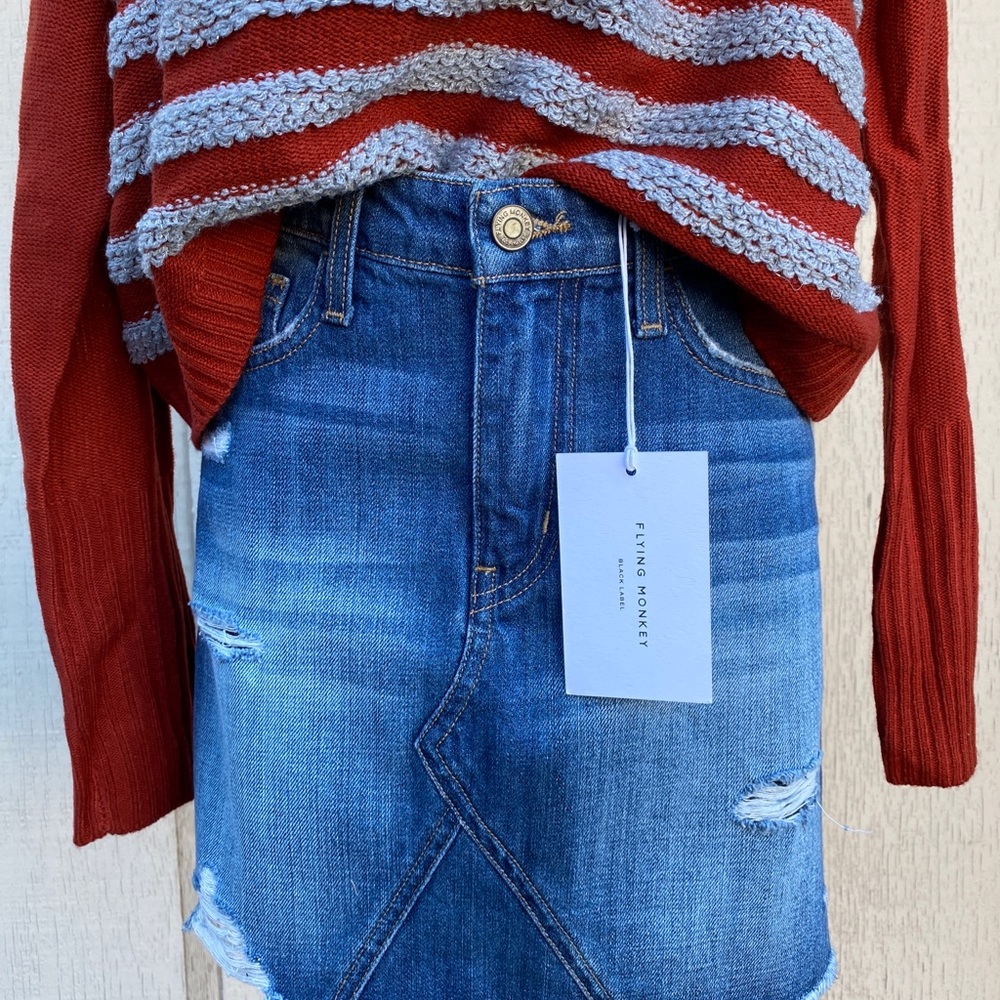 Flying monkey distressed denim skirt